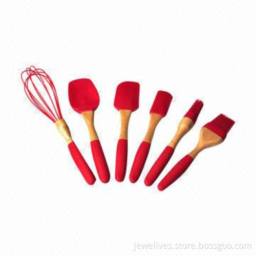 Food-grade Silicone Kitchen Red with Wooden Handle, Food Safe